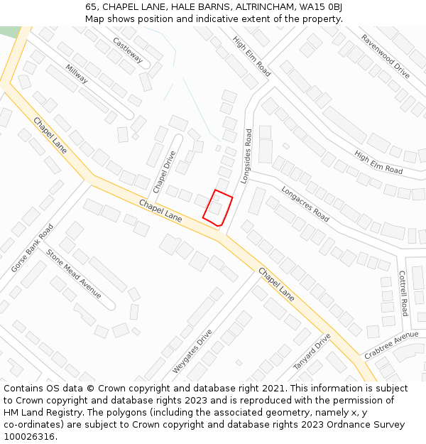 65, CHAPEL LANE, HALE BARNS, ALTRINCHAM, WA15 0BJ: Location map and indicative extent of plot