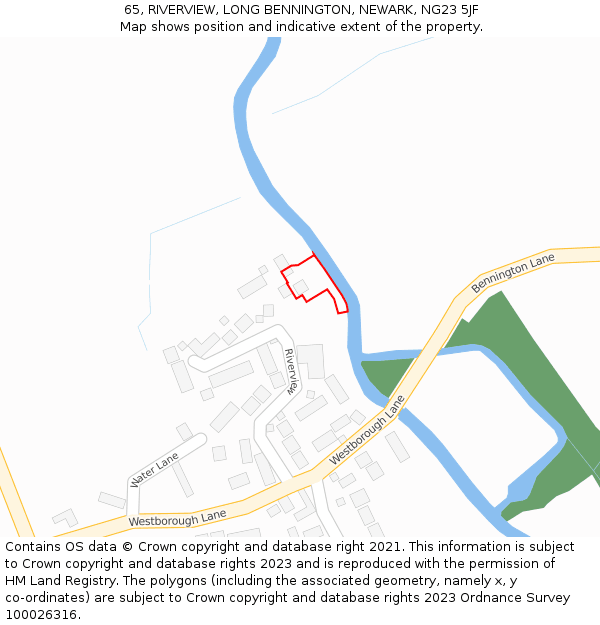 65, RIVERVIEW, LONG BENNINGTON, NEWARK, NG23 5JF: Location map and indicative extent of plot