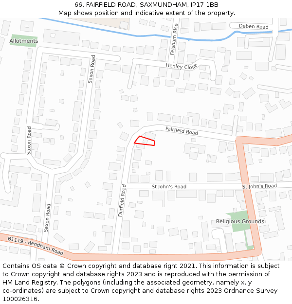 66, FAIRFIELD ROAD, SAXMUNDHAM, IP17 1BB: Location map and indicative extent of plot