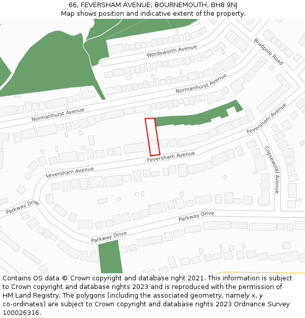 66, FEVERSHAM AVENUE, BOURNEMOUTH, BH8 9NJ: Location map and indicative extent of plot