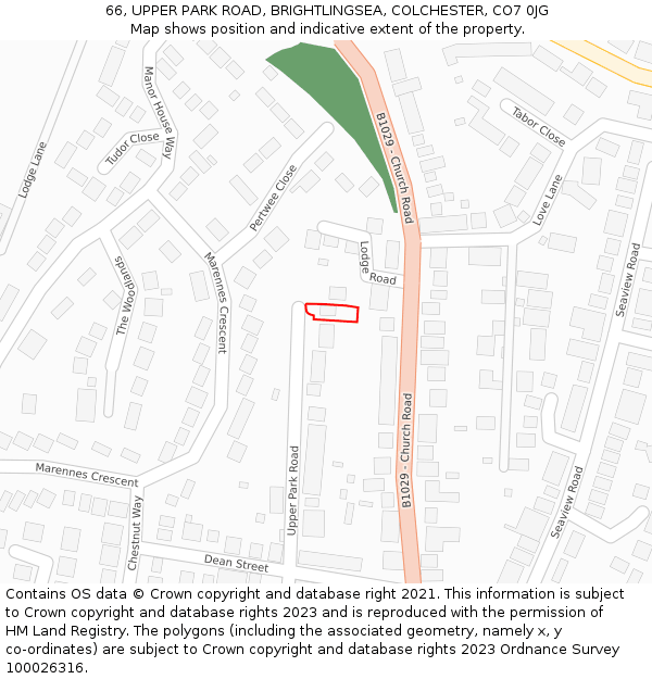 66, UPPER PARK ROAD, BRIGHTLINGSEA, COLCHESTER, CO7 0JG: Location map and indicative extent of plot