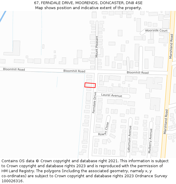 67, FERNDALE DRIVE, MOORENDS, DONCASTER, DN8 4SE: Location map and indicative extent of plot