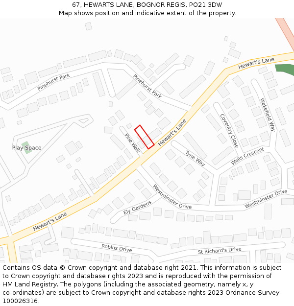 67, HEWARTS LANE, BOGNOR REGIS, PO21 3DW: Location map and indicative extent of plot