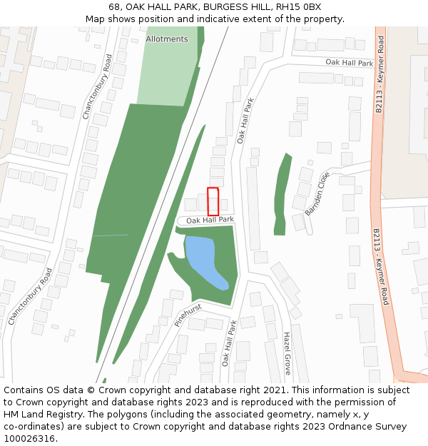 68, OAK HALL PARK, BURGESS HILL, RH15 0BX: Location map and indicative extent of plot