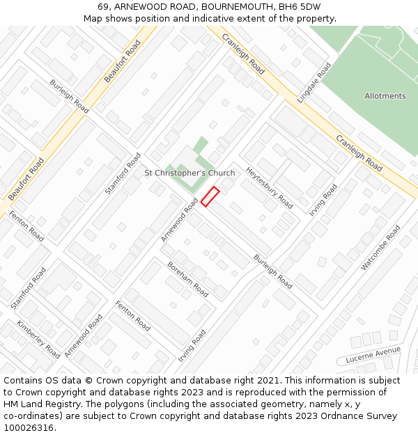 69, ARNEWOOD ROAD, BOURNEMOUTH, BH6 5DW: Location map and indicative extent of plot