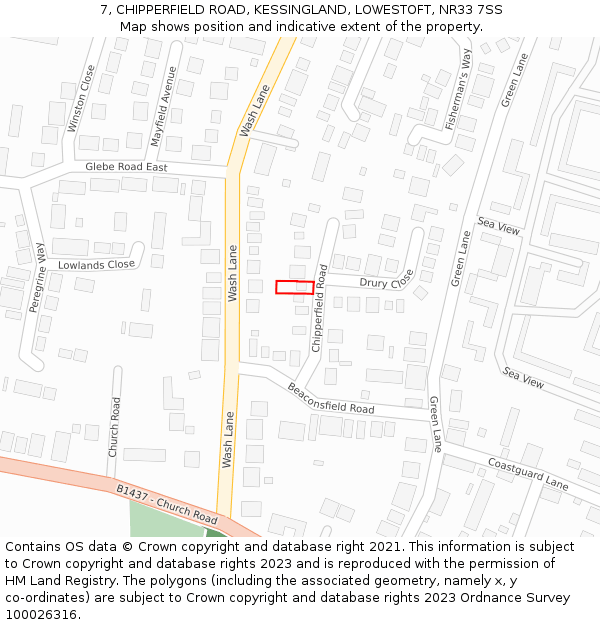 7, CHIPPERFIELD ROAD, KESSINGLAND, LOWESTOFT, NR33 7SS: Location map and indicative extent of plot