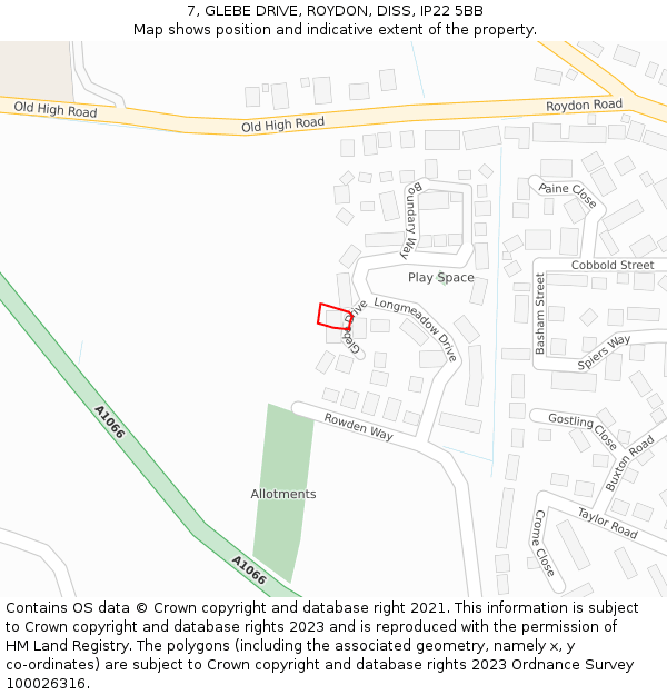 7, GLEBE DRIVE, ROYDON, DISS, IP22 5BB: Location map and indicative extent of plot