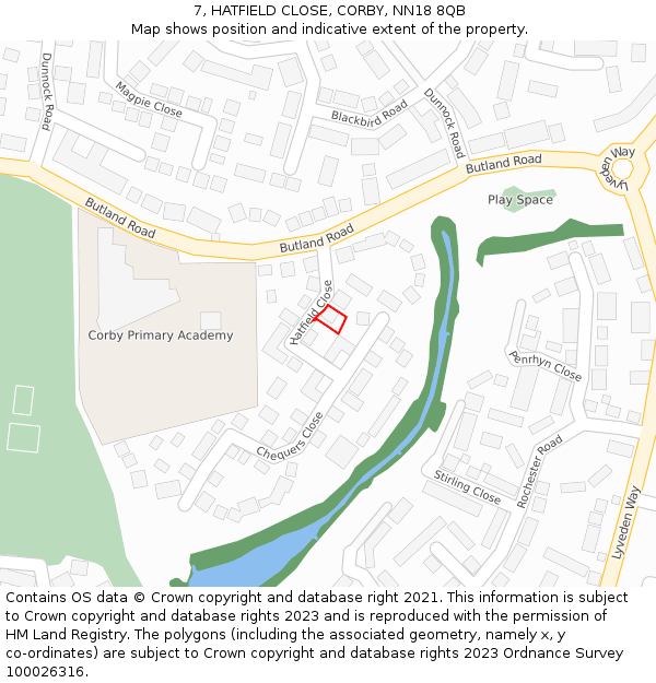 7, HATFIELD CLOSE, CORBY, NN18 8QB: Location map and indicative extent of plot