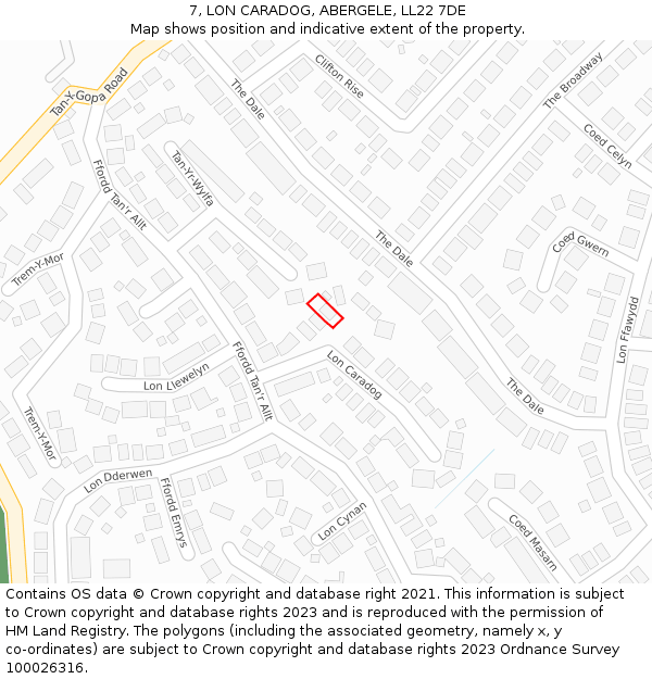 7, LON CARADOG, ABERGELE, LL22 7DE: Location map and indicative extent of plot