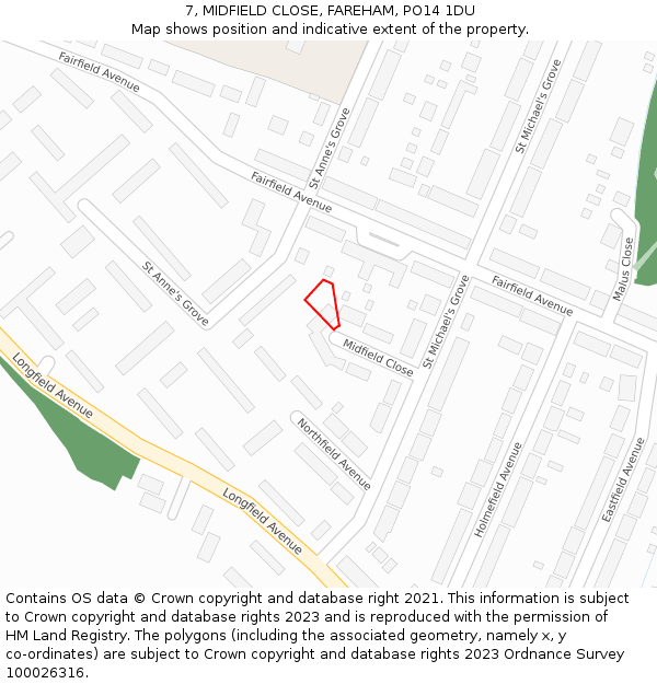 7, MIDFIELD CLOSE, FAREHAM, PO14 1DU: Location map and indicative extent of plot