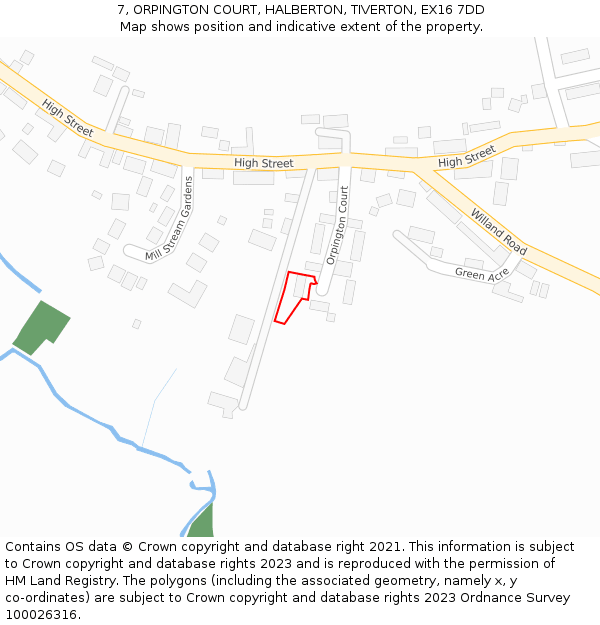 7, ORPINGTON COURT, HALBERTON, TIVERTON, EX16 7DD: Location map and indicative extent of plot