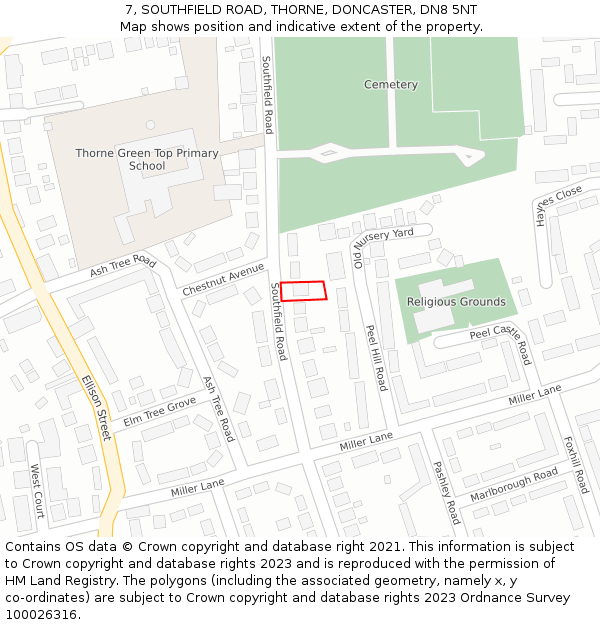 7, SOUTHFIELD ROAD, THORNE, DONCASTER, DN8 5NT: Location map and indicative extent of plot