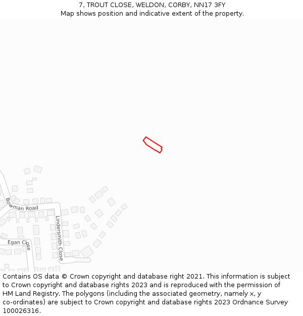 7, TROUT CLOSE, WELDON, CORBY, NN17 3FY: Location map and indicative extent of plot