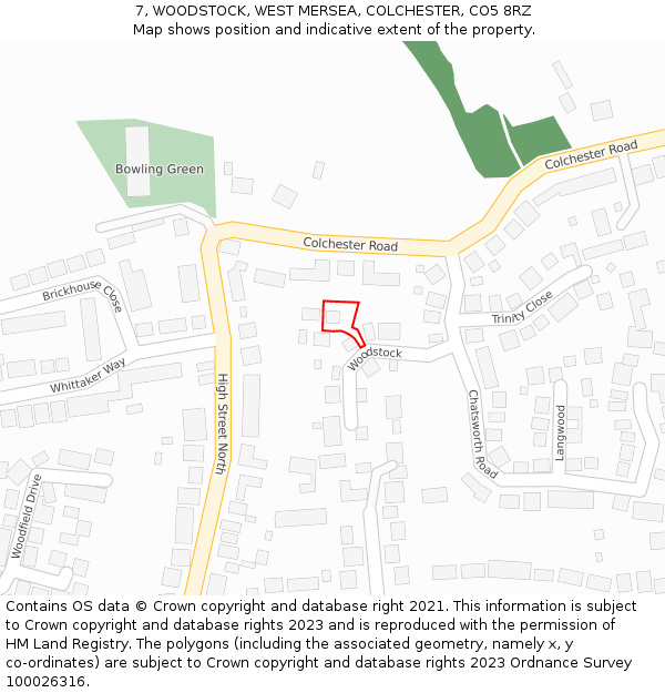 7, WOODSTOCK, WEST MERSEA, COLCHESTER, CO5 8RZ: Location map and indicative extent of plot