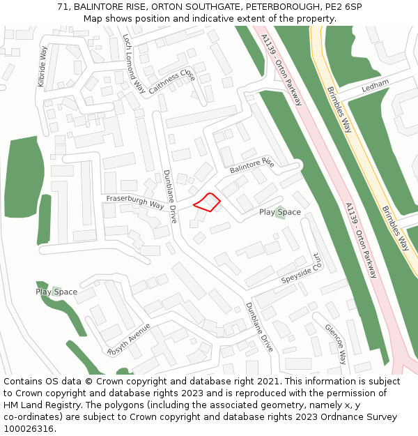 71, BALINTORE RISE, ORTON SOUTHGATE, PETERBOROUGH, PE2 6SP: Location map and indicative extent of plot