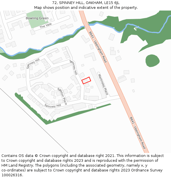 72, SPINNEY HILL, OAKHAM, LE15 6JL: Location map and indicative extent of plot