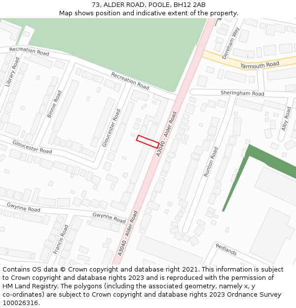 73, ALDER ROAD, POOLE, BH12 2AB: Location map and indicative extent of plot