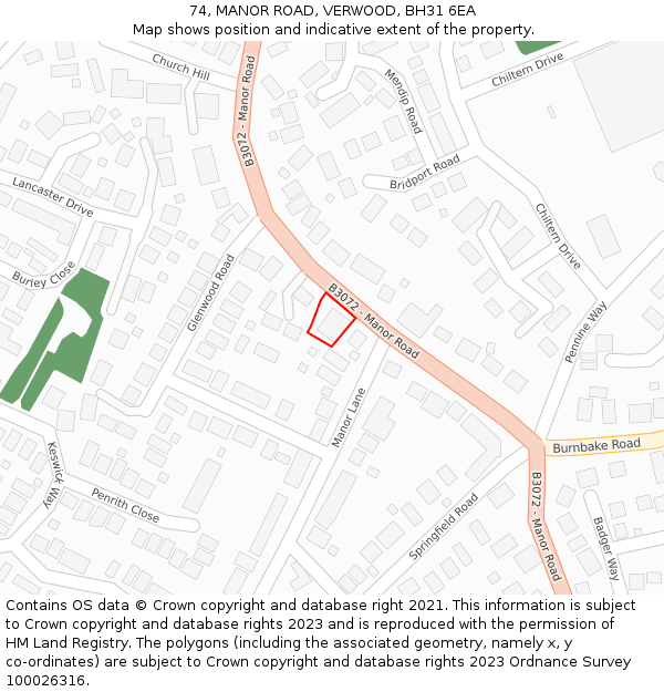 74, MANOR ROAD, VERWOOD, BH31 6EA: Location map and indicative extent of plot