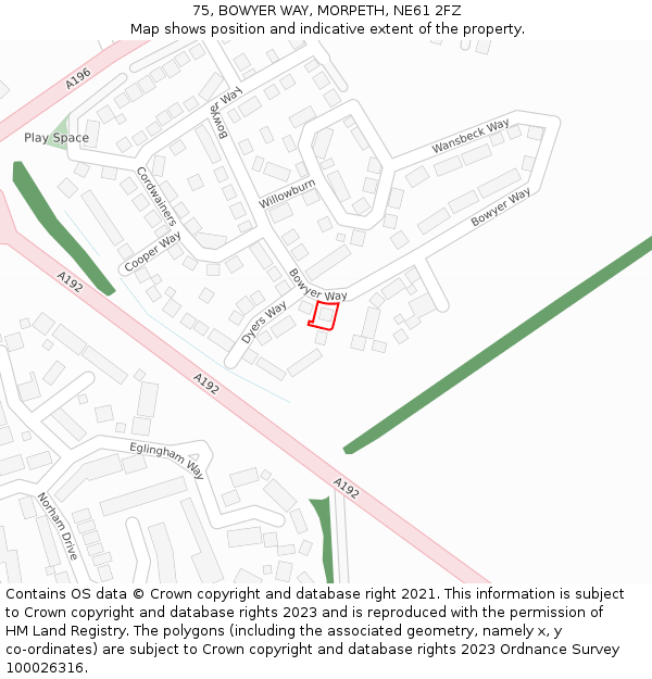 75, BOWYER WAY, MORPETH, NE61 2FZ: Location map and indicative extent of plot