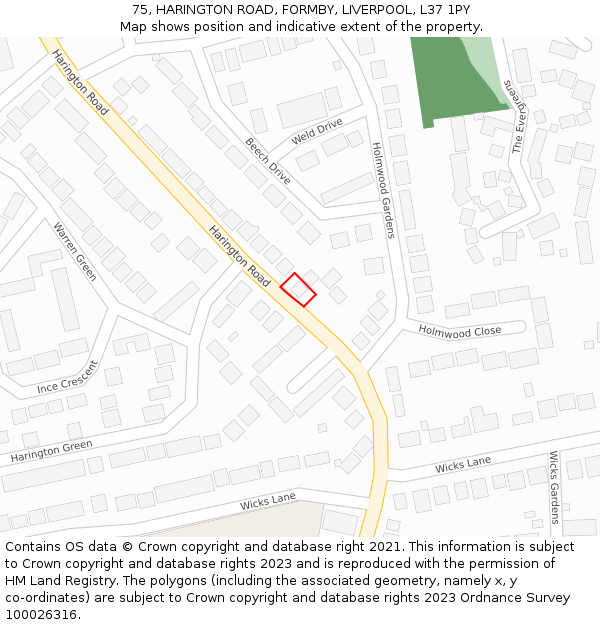 75, HARINGTON ROAD, FORMBY, LIVERPOOL, L37 1PY: Location map and indicative extent of plot