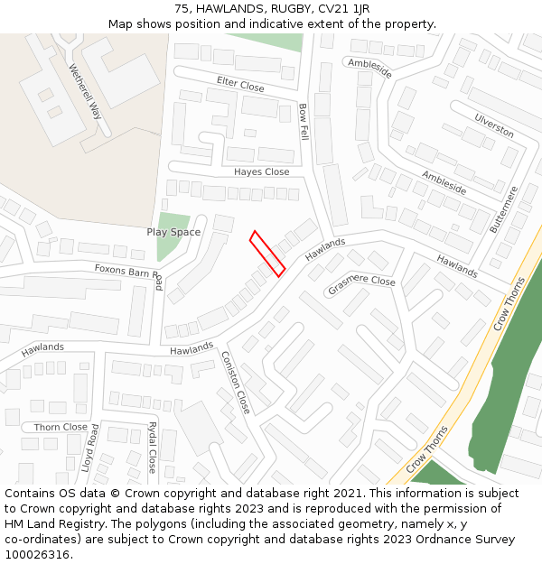 75, HAWLANDS, RUGBY, CV21 1JR: Location map and indicative extent of plot