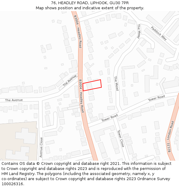 76, HEADLEY ROAD, LIPHOOK, GU30 7PR: Location map and indicative extent of plot