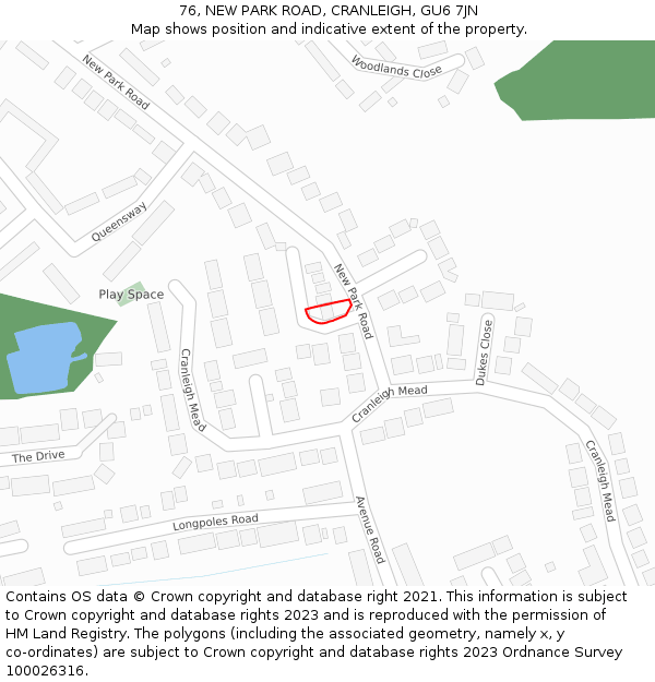 76, NEW PARK ROAD, CRANLEIGH, GU6 7JN: Location map and indicative extent of plot