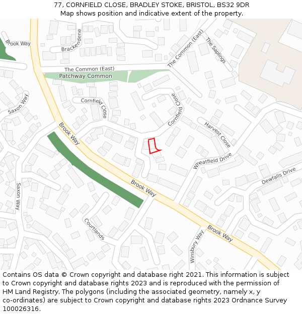 77, CORNFIELD CLOSE, BRADLEY STOKE, BRISTOL, BS32 9DR: Location map and indicative extent of plot