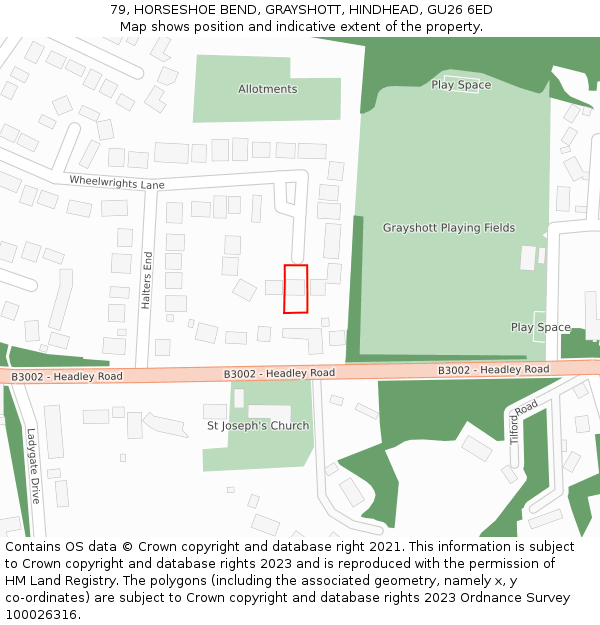 79, HORSESHOE BEND, GRAYSHOTT, HINDHEAD, GU26 6ED: Location map and indicative extent of plot