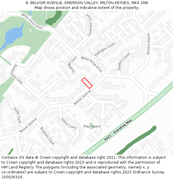 8, BELVOIR AVENUE, EMERSON VALLEY, MILTON KEYNES, MK4 2AB: Location map and indicative extent of plot