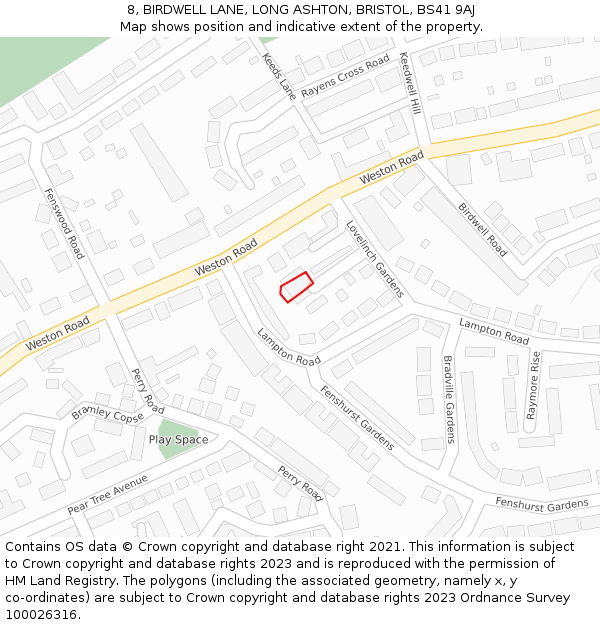 8, BIRDWELL LANE, LONG ASHTON, BRISTOL, BS41 9AJ: Location map and indicative extent of plot