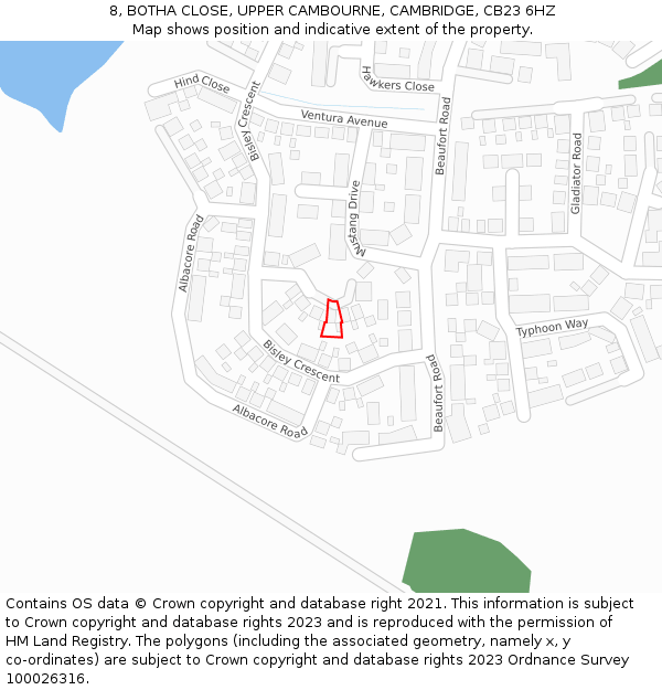 8, BOTHA CLOSE, UPPER CAMBOURNE, CAMBRIDGE, CB23 6HZ: Location map and indicative extent of plot