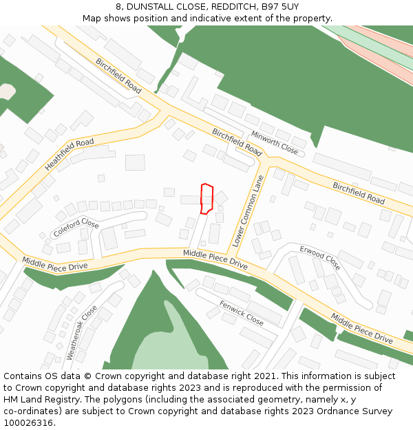 8, DUNSTALL CLOSE, REDDITCH, B97 5UY: Location map and indicative extent of plot