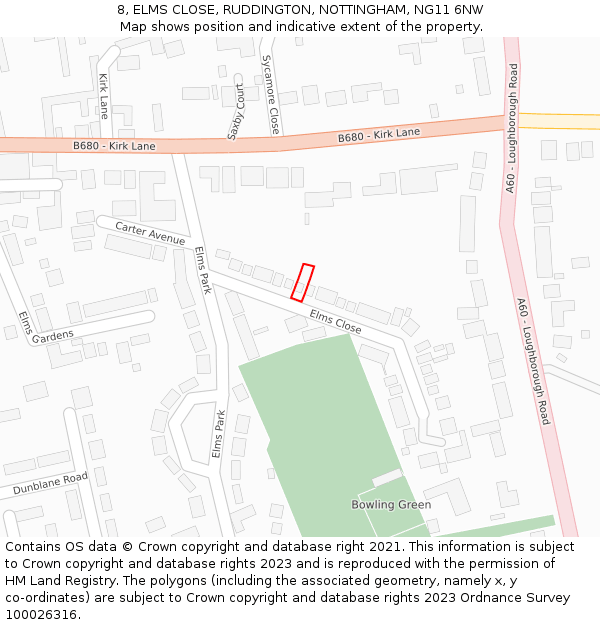 8, ELMS CLOSE, RUDDINGTON, NOTTINGHAM, NG11 6NW: Location map and indicative extent of plot