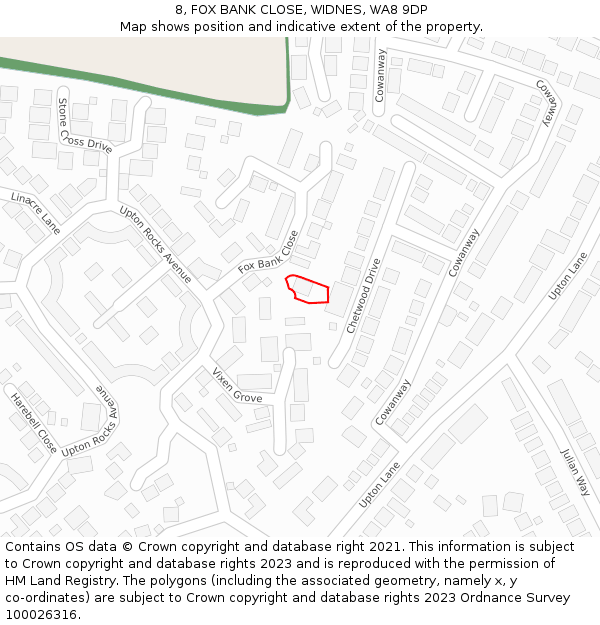 8, FOX BANK CLOSE, WIDNES, WA8 9DP: Location map and indicative extent of plot