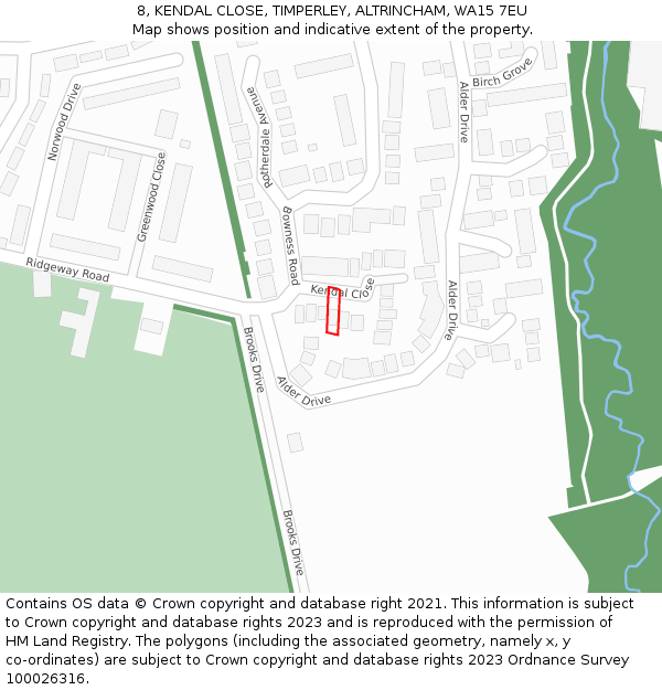 8, KENDAL CLOSE, TIMPERLEY, ALTRINCHAM, WA15 7EU: Location map and indicative extent of plot