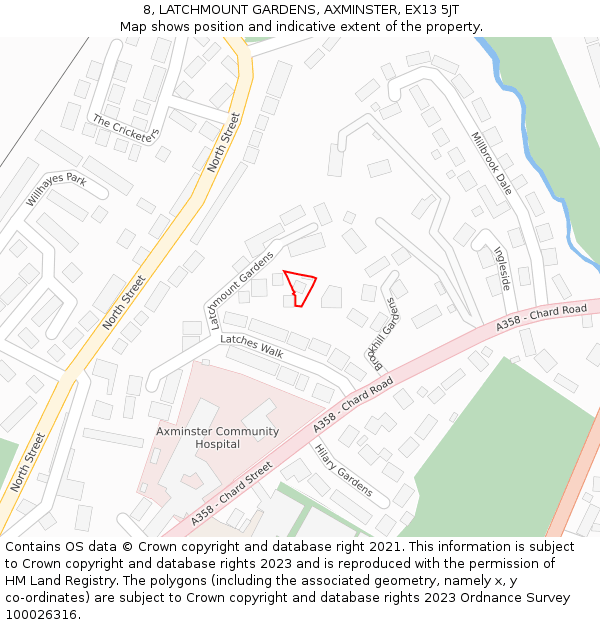 8, LATCHMOUNT GARDENS, AXMINSTER, EX13 5JT: Location map and indicative extent of plot