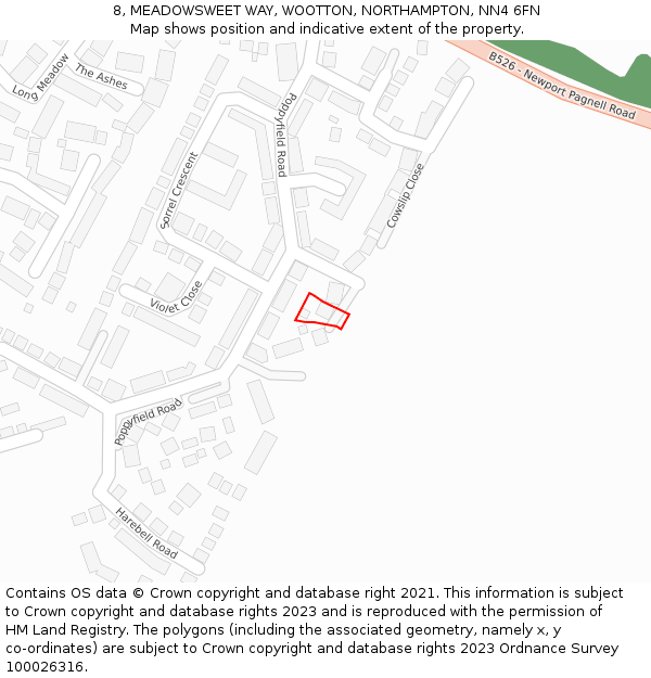 8, MEADOWSWEET WAY, WOOTTON, NORTHAMPTON, NN4 6FN: Location map and indicative extent of plot