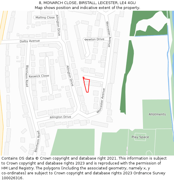 8, MONARCH CLOSE, BIRSTALL, LEICESTER, LE4 4GU: Location map and indicative extent of plot