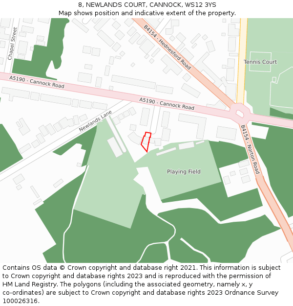 8, NEWLANDS COURT, CANNOCK, WS12 3YS: Location map and indicative extent of plot