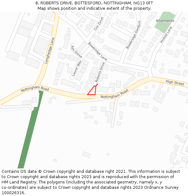 8, ROBERTS DRIVE, BOTTESFORD, NOTTINGHAM, NG13 0FT: Location map and indicative extent of plot