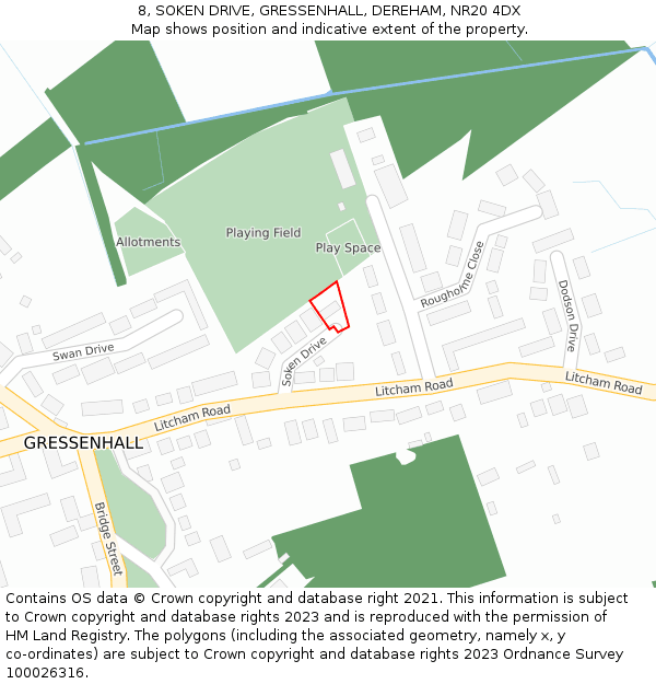 8, SOKEN DRIVE, GRESSENHALL, DEREHAM, NR20 4DX: Location map and indicative extent of plot