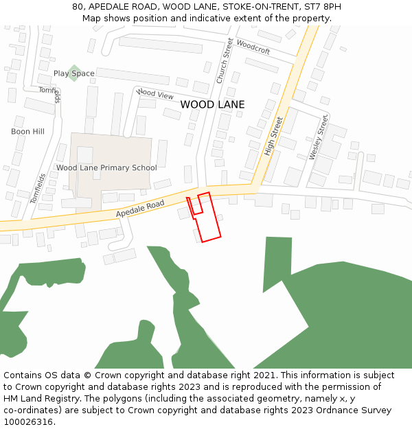 80, APEDALE ROAD, WOOD LANE, STOKE-ON-TRENT, ST7 8PH: Location map and indicative extent of plot