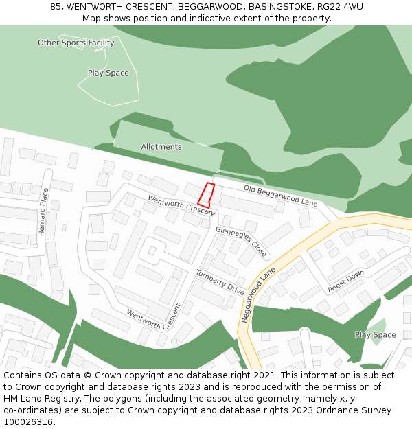 85, WENTWORTH CRESCENT, BEGGARWOOD, BASINGSTOKE, RG22 4WU: Location map and indicative extent of plot