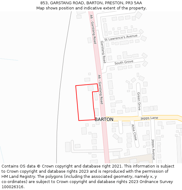 853, GARSTANG ROAD, BARTON, PRESTON, PR3 5AA: Location map and indicative extent of plot