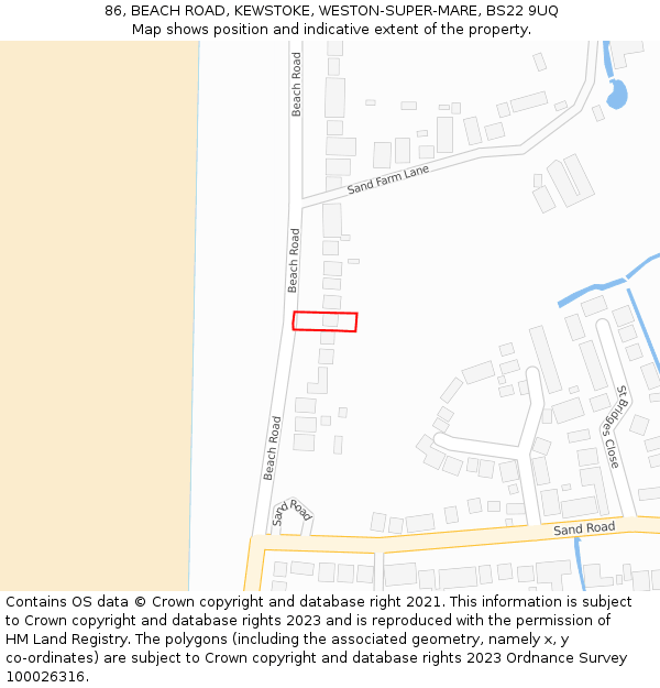 86, BEACH ROAD, KEWSTOKE, WESTON-SUPER-MARE, BS22 9UQ: Location map and indicative extent of plot