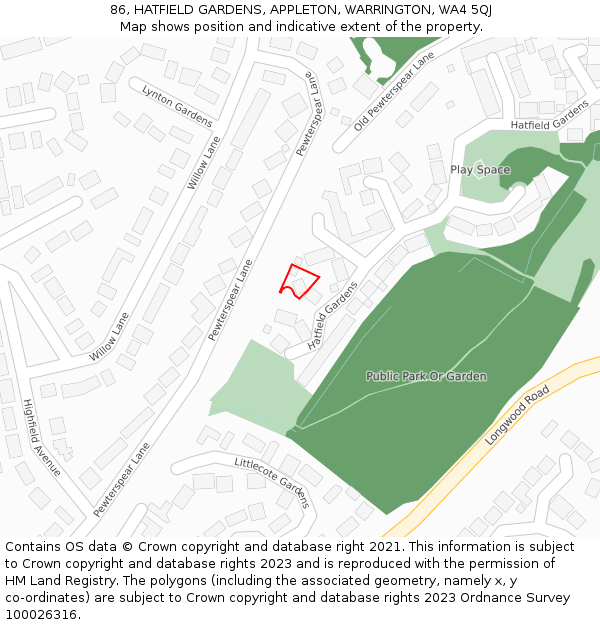 86, HATFIELD GARDENS, APPLETON, WARRINGTON, WA4 5QJ: Location map and indicative extent of plot