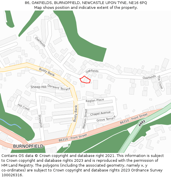 86, OAKFIELDS, BURNOPFIELD, NEWCASTLE UPON TYNE, NE16 6PQ: Location map and indicative extent of plot