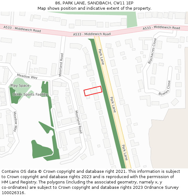 86, PARK LANE, SANDBACH, CW11 1EP: Location map and indicative extent of plot