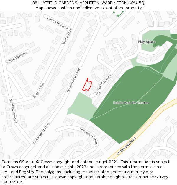 88, HATFIELD GARDENS, APPLETON, WARRINGTON, WA4 5QJ: Location map and indicative extent of plot